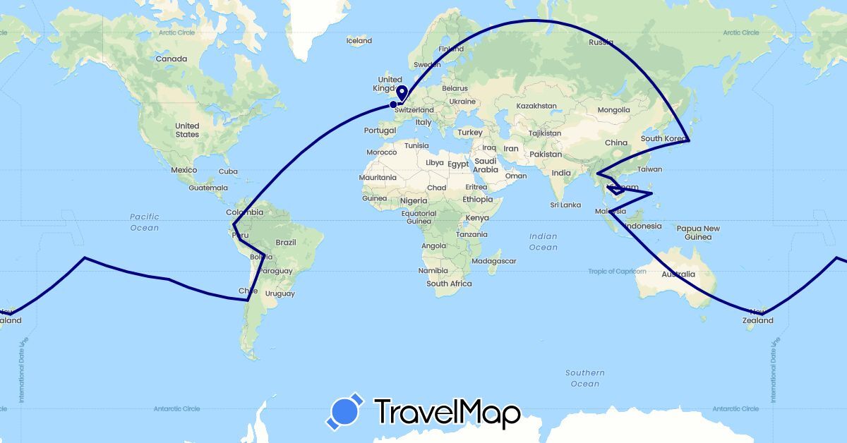 TravelMap itinerary: driving in Australia, Bolivia, Chile, Ecuador, France, Japan, Cambodia, Laos, Myanmar (Burma), Malaysia, New Zealand, Peru, French Polynesia, Philippines, Thailand, Vietnam (Asia, Europe, Oceania, South America)